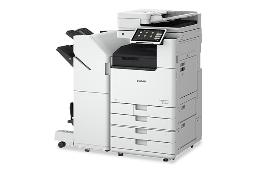 imageRUNNER ADVANCE DX C3926i right view with 4 paper drawers and saddle stitch finisher