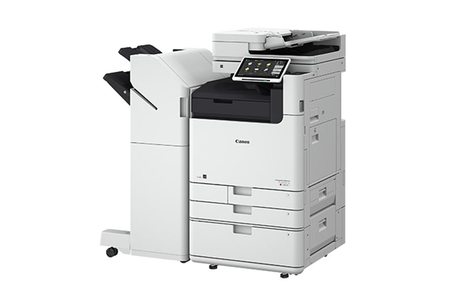 imageRUNNER ADVANCE DX C5860i right view with 2 paper drawers, large capacity paper drawer and finisher
