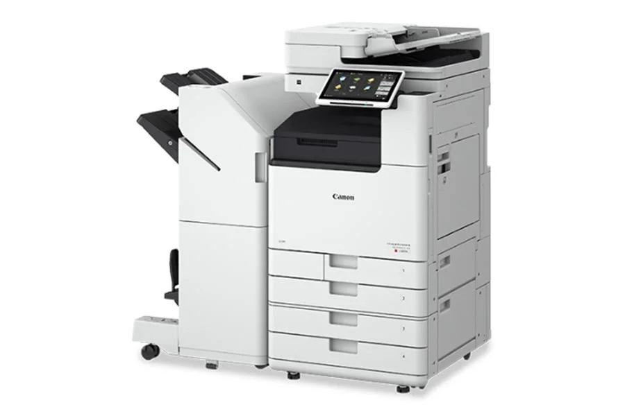 imageRUNNER ADVANCE DX C3935i right view with 4 paper drawers and saddle stitch finisher