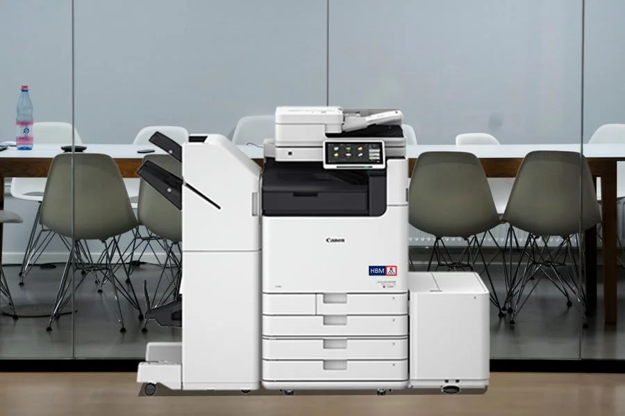imageRUNNER ADVANCE DX C5870i in the office with 4 paper drawers, large capacity paper drawer and finisher